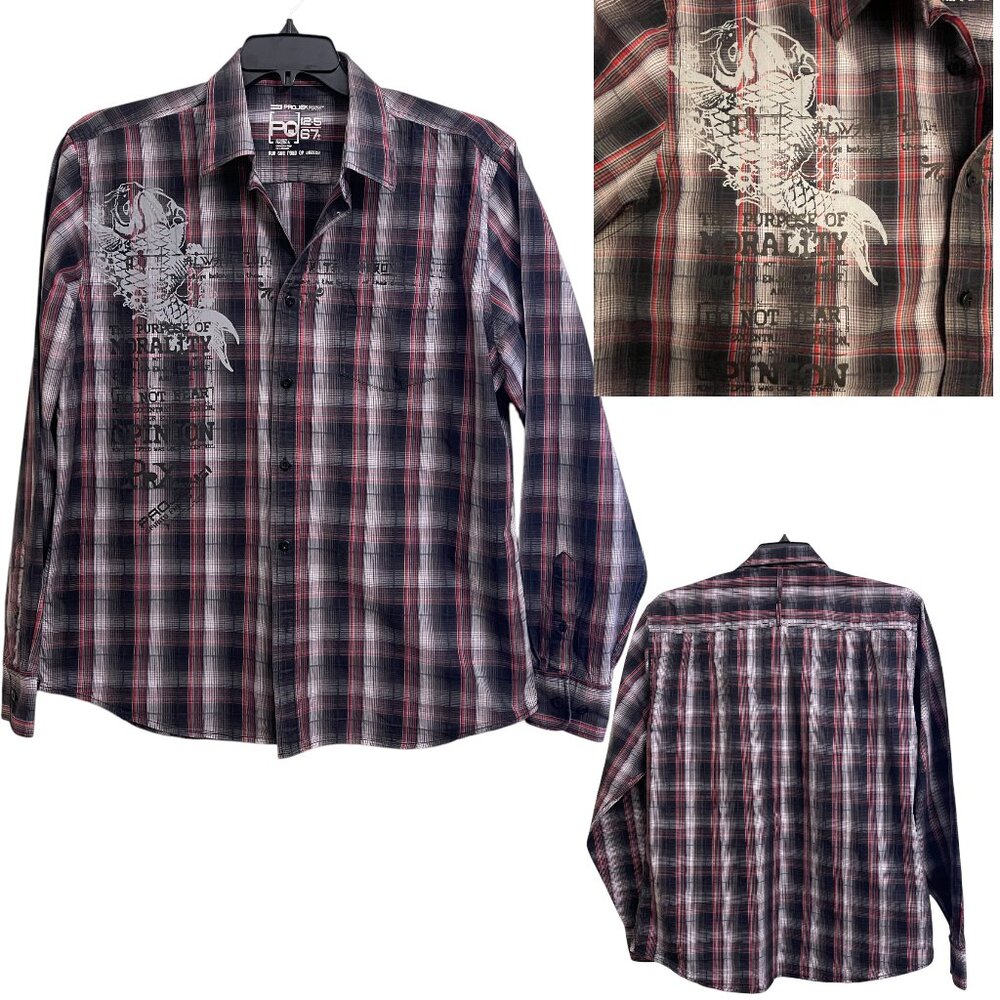 Projek Raw Shirt Mens XL Black Red Gray Plaid Graphic Button Up Long Sleeve